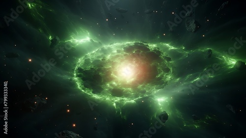 Vibrant Green Hues Illuminate Captivating Space Nebula in Spectacular Display: Cosmic Beauty Unveiled in Special Color Palette