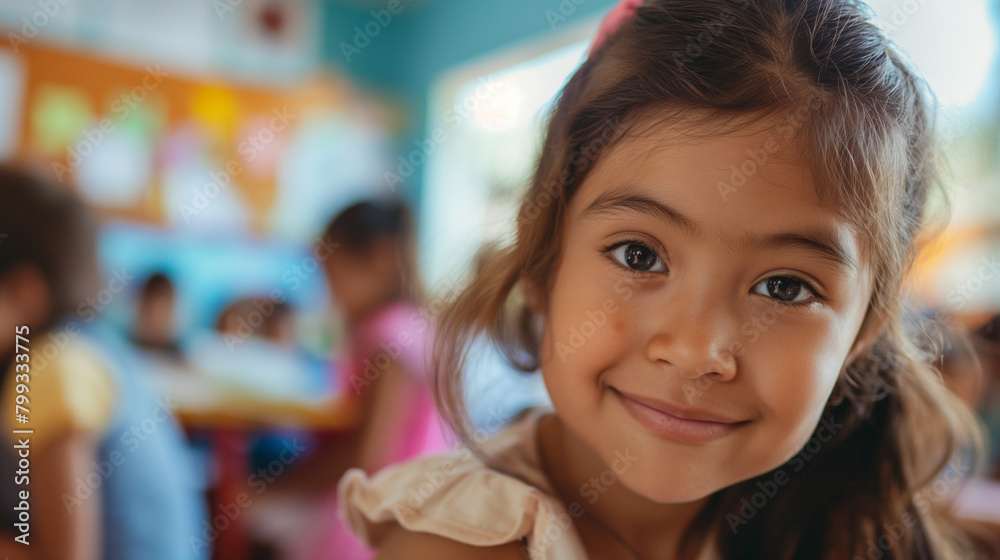 Happy Hispanic girl learning during class at elementary school and looking at camera. Happy Hispanic girl learning during class at elementary school and looking at camera.