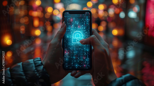 A photograph of the screen of a mobile phone in the hands of a girl, depicting a cybersecurity animation of the stored data. The atmosphere of the night city. Reliability of data security