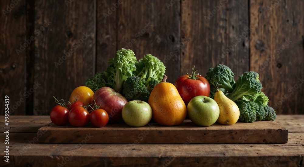 Fruits and vegetables on a wooden background, close-up