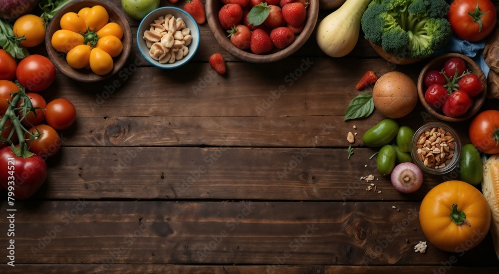 Fruits and vegetables on a wooden background, close-up Fruits and vegetables on a wooden background, close-up