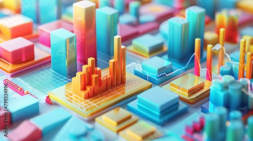 3d render of a city made of blocks of different heights and colors with a glowing grid on the ground