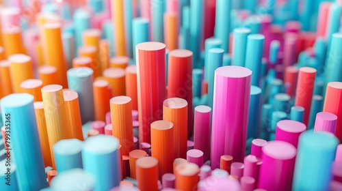 3D render of a field of randomly sized and colored cylinders