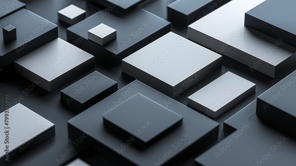 3D rendering of a bunch of randomly sized cubes in a dark blue color scheme. 3D rendering of a bunch of randomly sized cubes in a dark blue color scheme.