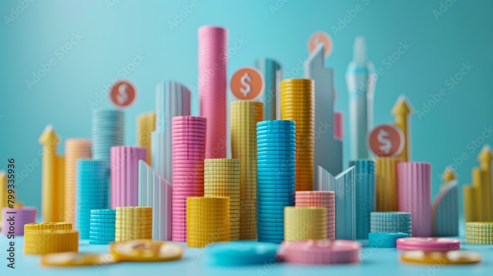 3D rendering of a cityscape made of pastel-colored coins.