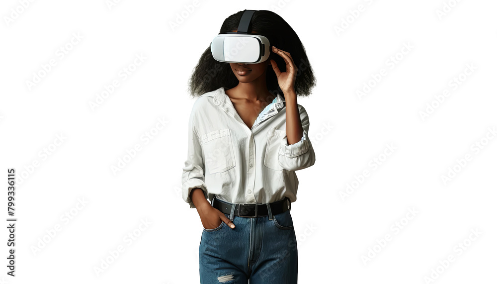 Casual chic meets virtual exploration, young woman experiences VR Casual chic meets virtual exploration, young woman experiences VR