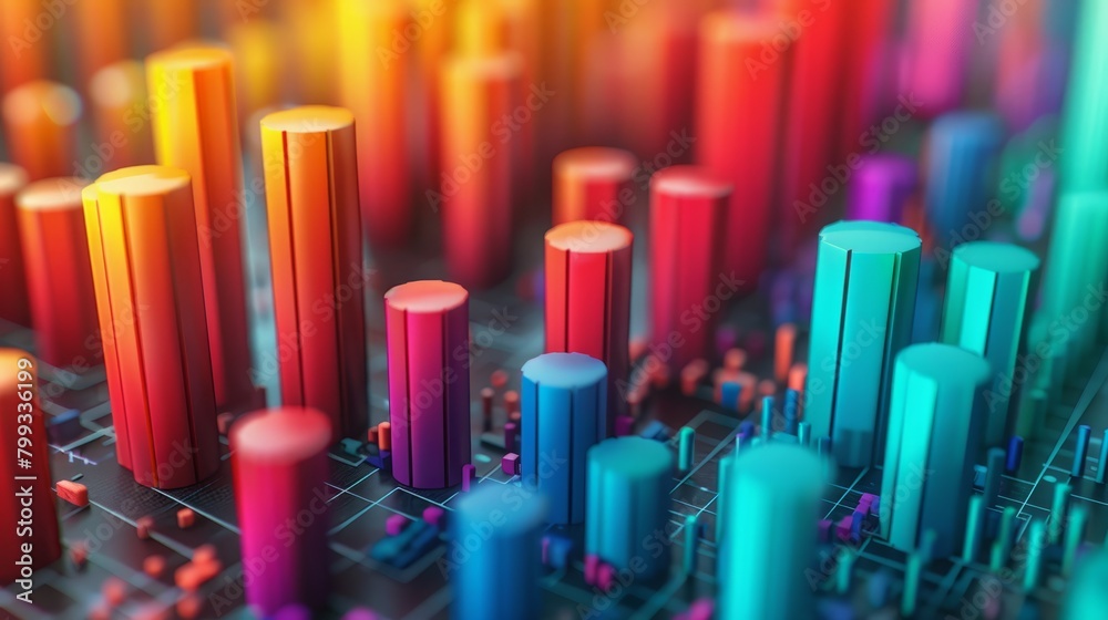 3D rendering of colorful cylinders of different heights on a grid 3D rendering of colorful cylinders of different heights on a grid