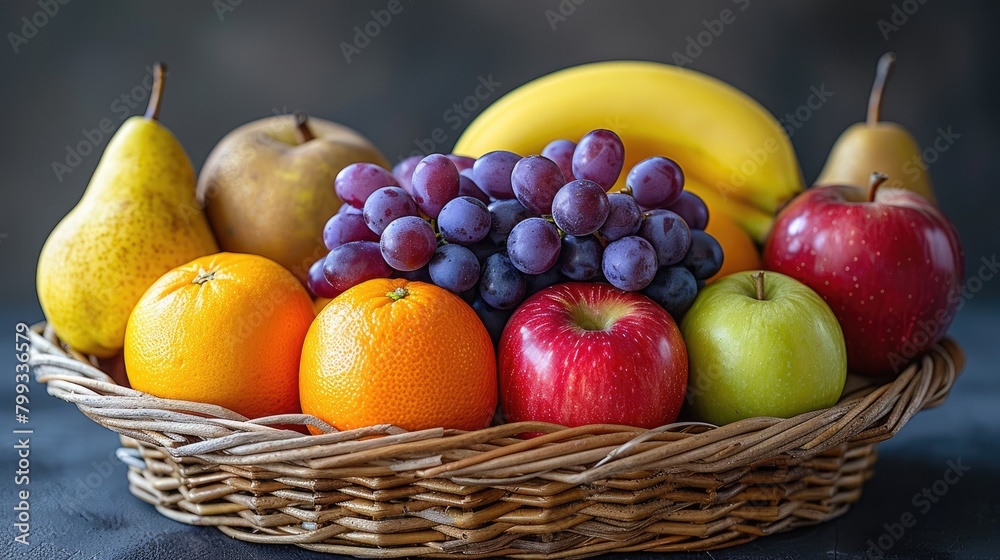 Large wicker basket with fruit. Apples, bananas, grapes, pears, tangerines, oranges, kiwis in a still life. Fresh fruits, berries, vitamin complex. Fructose, vitamin C, fruit composition.
Large wicker basket with fruit. Apples, bananas, grapes, pears, tangerines, oranges, kiwis in a still life. Fresh fruits, berries, vitamin complex. Fructose, vitamin C, fruit composition.