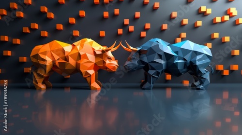 A 3D rendering of a bull and bear facing off, made of orange and blue crystal, with a dark background.