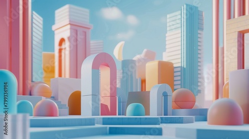 A 3D rendering of a city with pastel-colored buildings and curved shapes.
