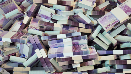 3D rendering of pile of stacks of 500 Euro notes spread on screen surface. money Euros background photo