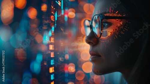 A beautiful portrait of a young woman wearing glasses, looking at a futuristic screen with glowing orange and blue lights.