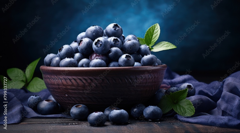 Fresh blueberries in a rustic bowl with mint leaves Fresh blueberries in a rustic bowl with mint leaves