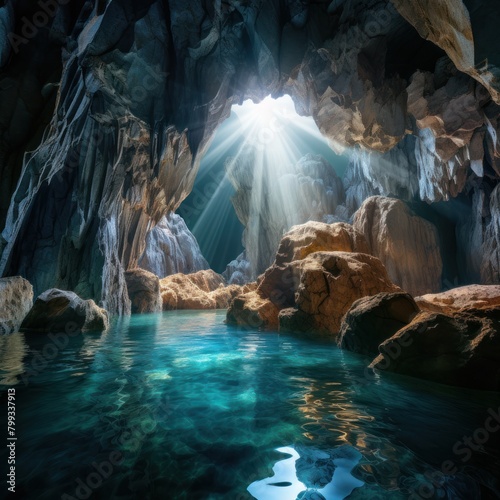Mystical Sunlight Illuminating a Serene Cave Pool