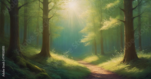 Beauty nature outdoors woodland morning with magic sun  fantasy paradise path for meditation