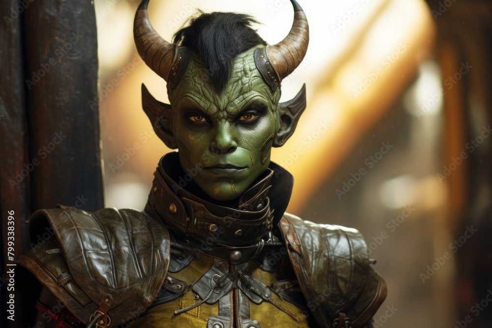 Fantasy warrior with horns and green skin in armor