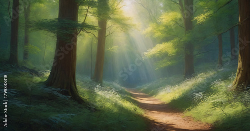 Beauty nature outdoors woodland morning with magic sun  fantasy paradise path for meditation