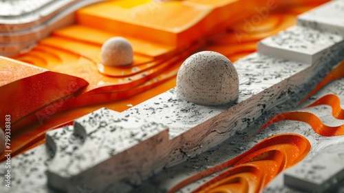 A close up render of a bumpy white surface with orange accents. There are three white spheres on the surface. photo