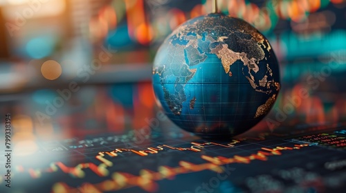 A closeup of a blue and green globe on a table with a blurred background of a stock market chart.