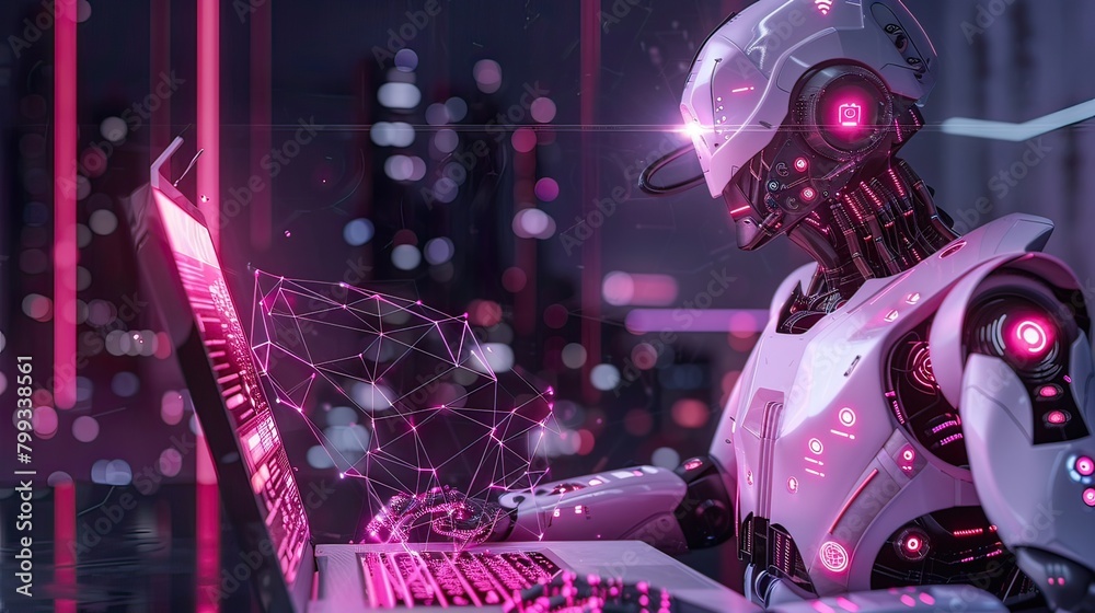 Robot with laptop and Polygonal brain shape. Artificial intelligence (AI) and big data concept Robot with laptop and Polygonal brain shape. Artificial intelligence (AI) and big data concept
