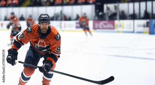 A hockey player in a black and orange uniform rides on the ice in the hockey arena with a raised stick. Copy space