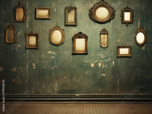 Vintage empty frames on a distressed wall in an old room