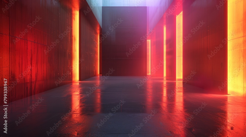 A dark and mysterious hallway with red glowing lights.