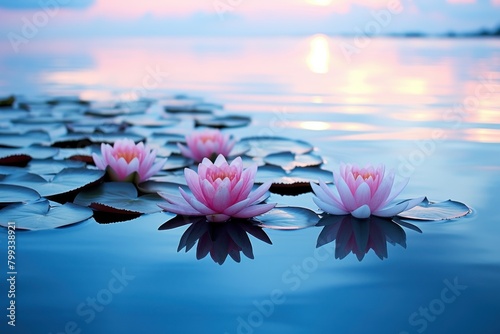 Serene Water Lilies on a Tranquil Lake at Sunset
