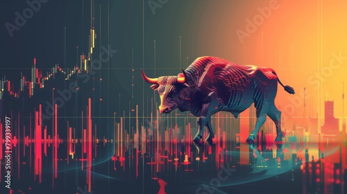 A digital bull walking through a landscape made of stock market data. © Sodapeaw