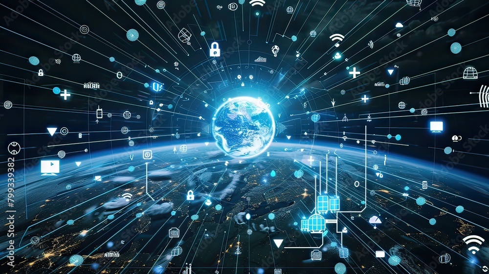Global world network connected to Technology devices and icons. Abstract technology background concept