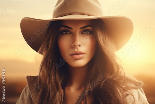 Elegant woman in a stylish hat posing at sunset