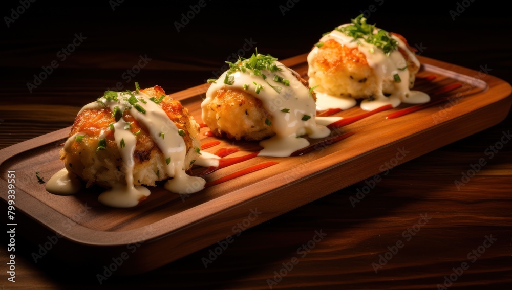 Gourmet crab cakes served with creamy sauce on a wooden platter Gourmet crab cakes served with creamy sauce on a wooden platter