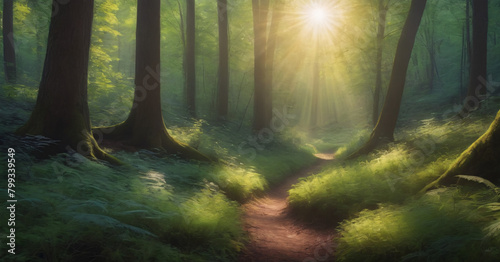 Beauty nature outdoors woodland morning with magic sun, fantasy paradise path for meditation © Mr.Pancho Store