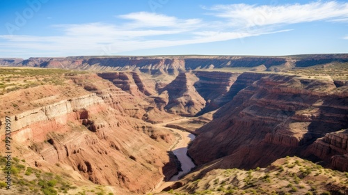 Panoramic view of a majestic canyon with a river flowing through it