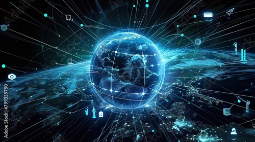 Global world network connected to Technology devices and icons. Abstract technology background concept