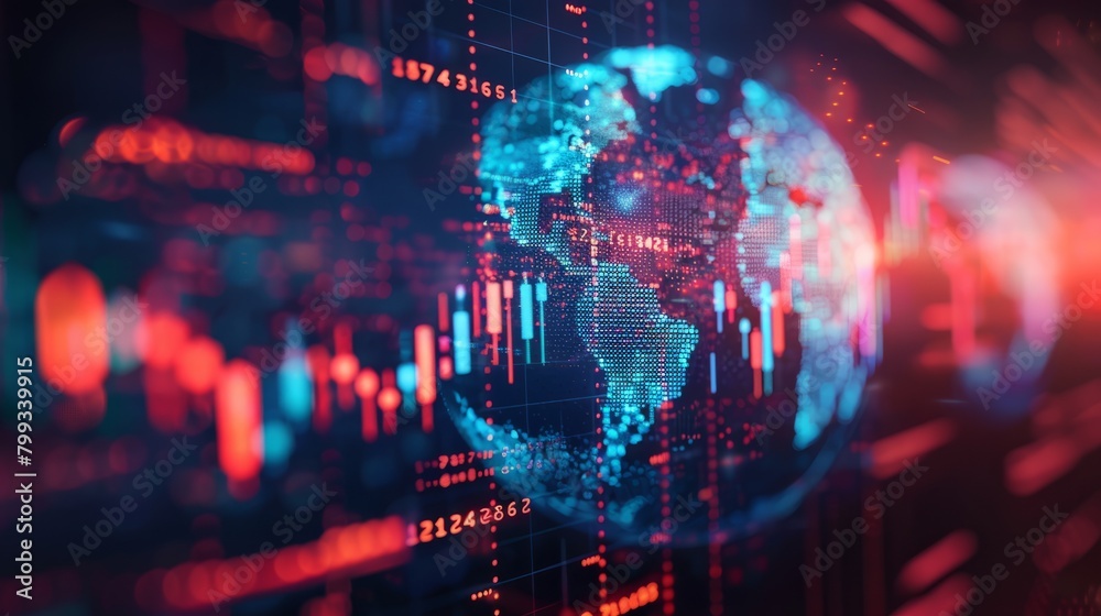 A glowing blue and red globe with a circuit board pattern and stock market data flowing around it.