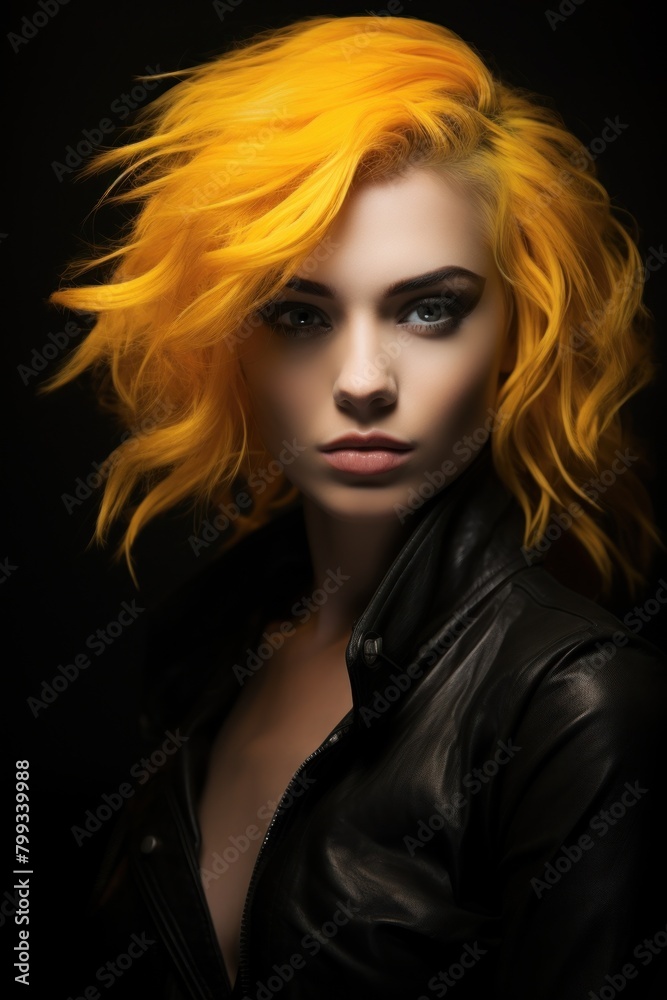Stylish woman with vibrant yellow hair and leather jacket posing against a dark background