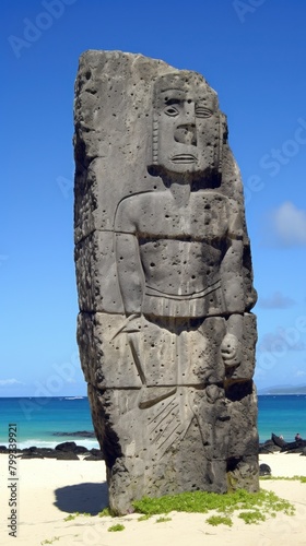 Ancient stone statue on a tropical beach photo