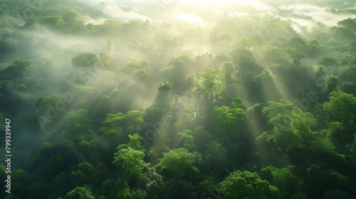 aerial view of a lush green forest  morning mist  sun rays piercing through