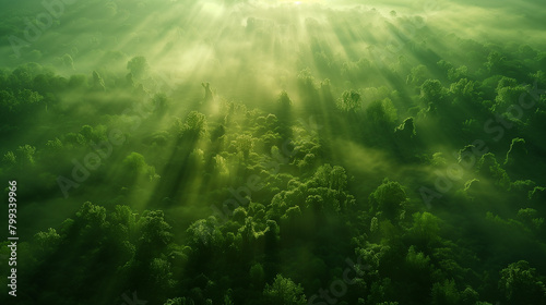 aerial view of a lush green forest  morning mist  sun rays piercing through