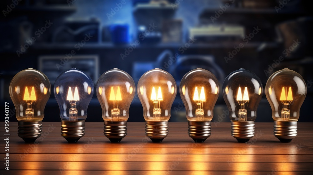 Row of glowing light bulbs on a wooden surface with a dark workshop background Row of glowing light bulbs on a wooden surface with a dark workshop background
