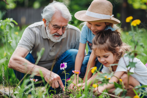 Children planting flowers with grandpa in summer yard. Generative AI