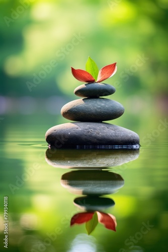 Zen Stones in Balance with Red Leaf on Top by Calm Water