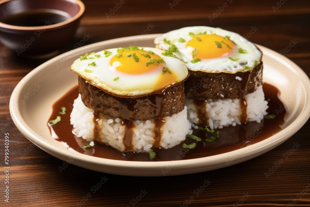 Loco Moco Hawaiian Breakfast with Rice, Hamburger, Gravy, and Fried Eggs Loco Moco Hawaiian Breakfast with Rice, Hamburger, Gravy, and Fried Eggs