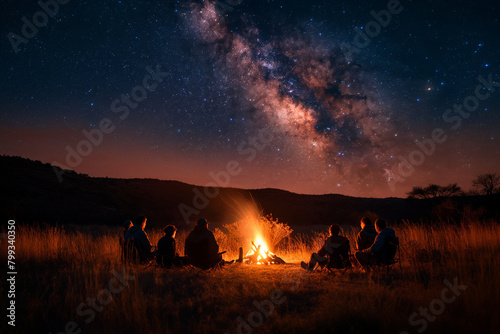 Campfire Companions: Beneath a canopy of twinkling stars, a group of friends gathers around a crackling campfire. As embers dance in the night sky, they share tales of old and drea photo