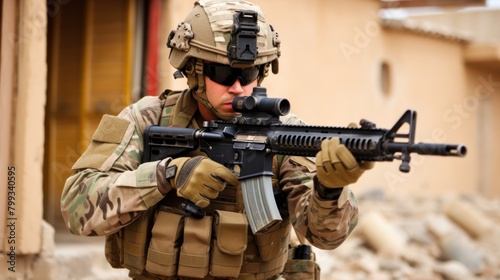 Soldier in combat gear aiming a rifle