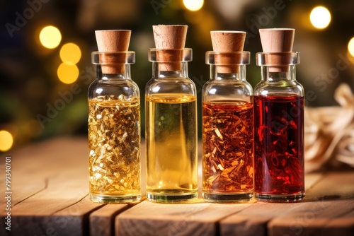 Assorted Infused Oils in Elegant Glass Bottles on Wooden Table