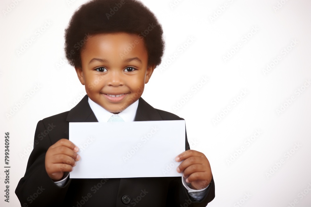 Young boy in suit presenting a blank card Young boy in suit presenting a blank card
