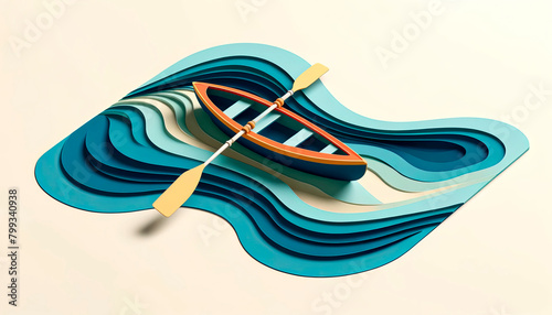 rowing boat in stylized waves, ideal for themes related to sports, creativity, and water activities. Perfect for marketing rowing equipment and promoting water sports events.