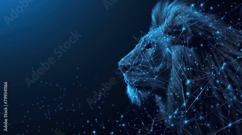 Abstract digital lion , lines and connected dots. King of beasts. Technology wild concept. Low Poly Wireframe 3D illustration